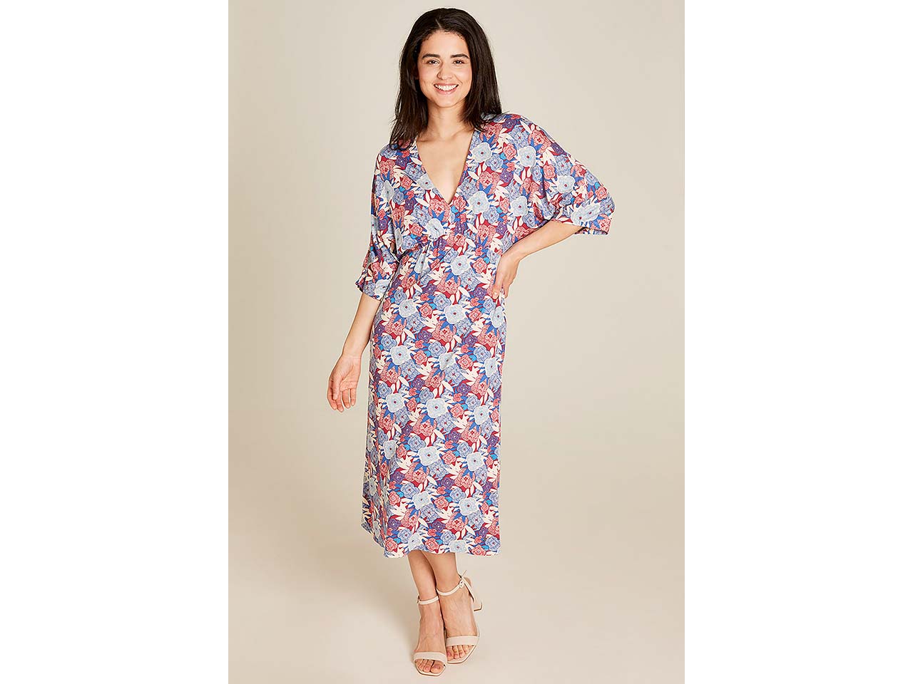 tranquillo Damen-Midi-Kleid mit weiten 3/4-Ärmel, blue bloom, Gr. S