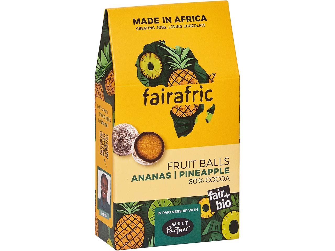 fairafric Vegane Bio-Ananas-Fruchtkugeln "Fruit Balls" mit Zartbitterschokolade, 100 g