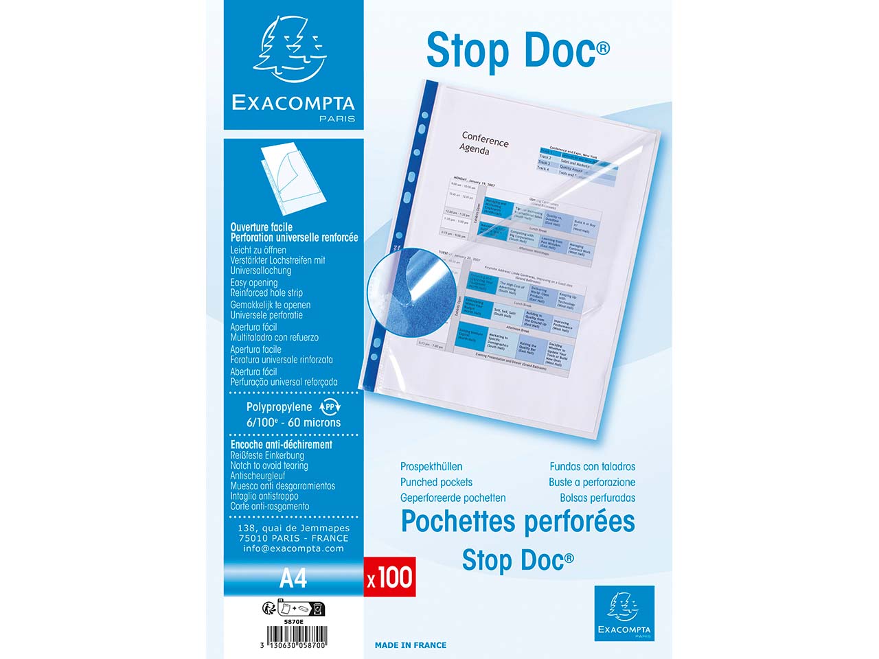 Exacompta Prospekthüllen "StopDoc" 2-seitig offen, glatt, DIN A4, 60µ, 100 Stk.