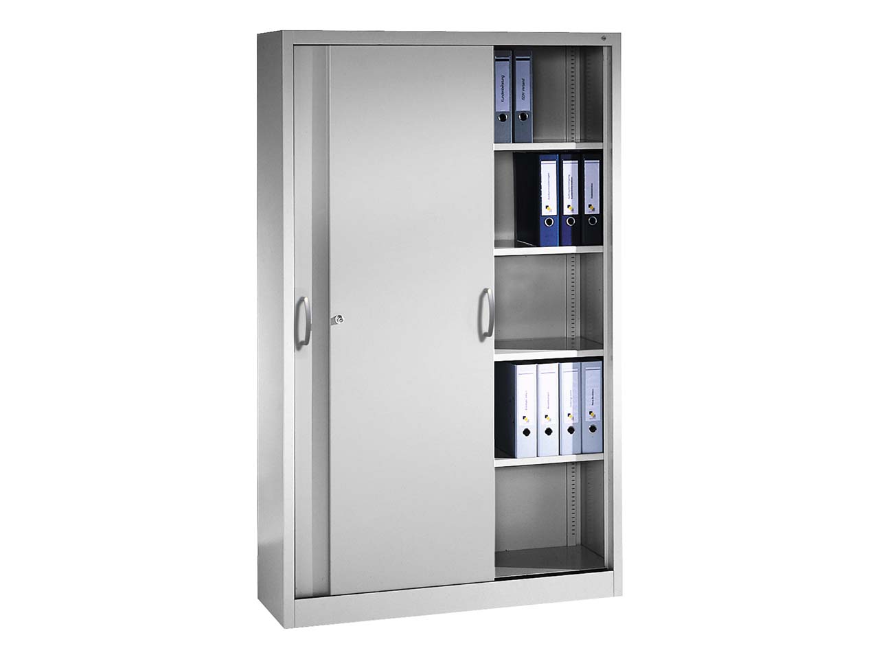 Schiebetürenschrank aus Stahl 120 cm breit lichtgrau  T 50  H 195