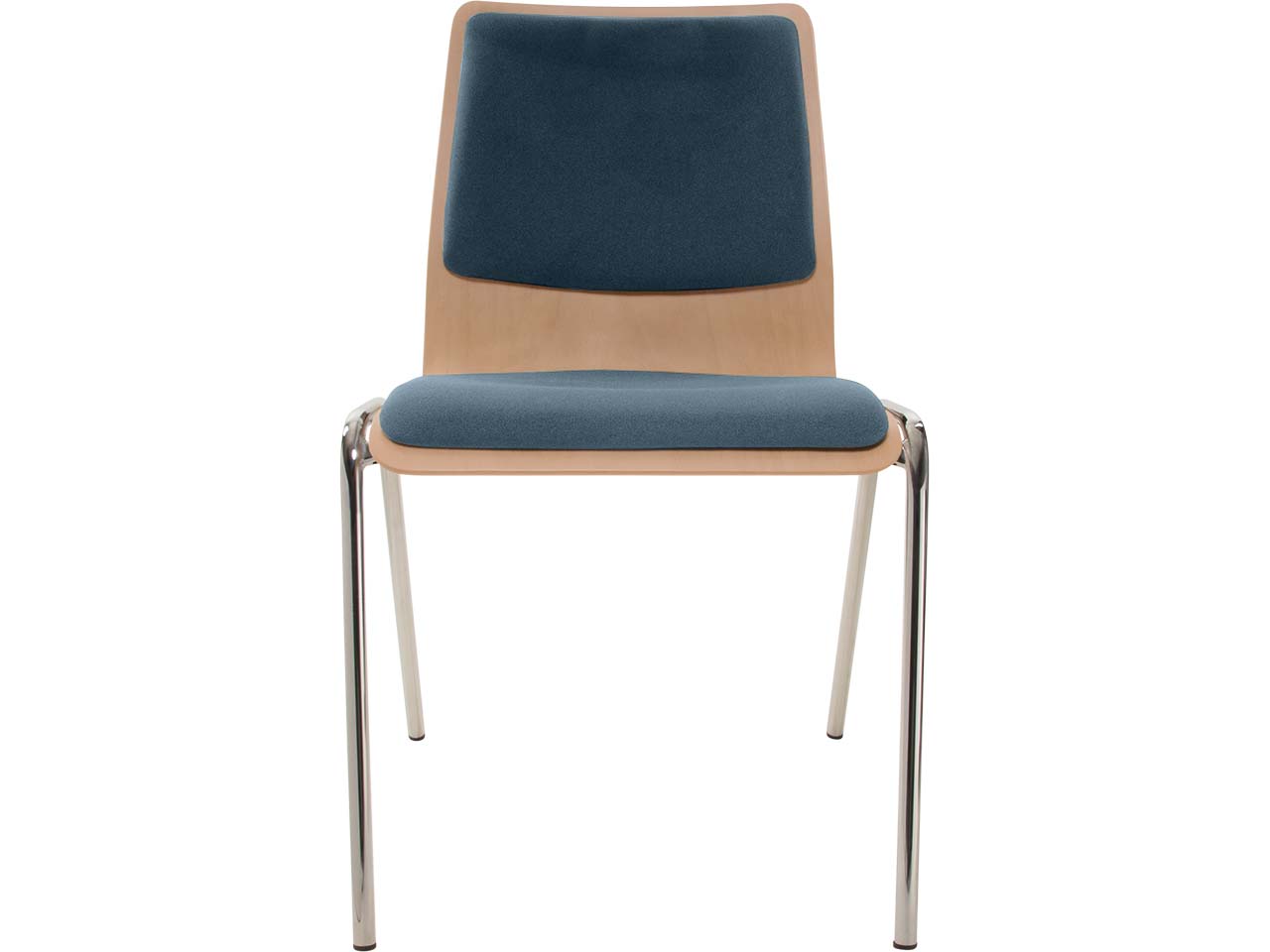 Besucherstuhl "A1" Buche lackiert, Gestell verchromt, Sitz- und Rückenpolster stahlblau