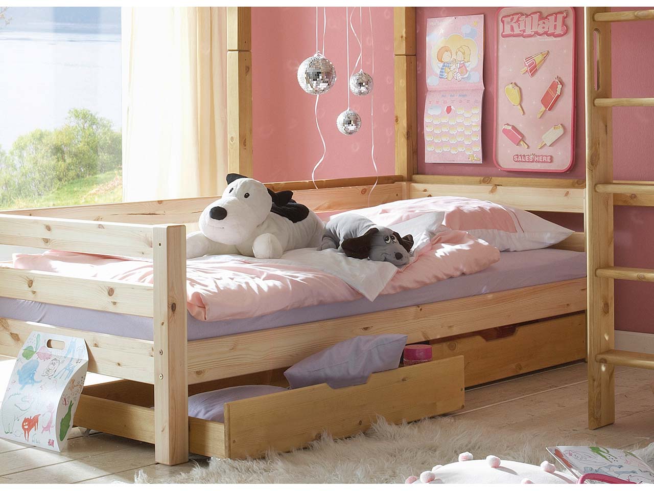 Bett "Infanskids" 90x200 cm, mit 2 Rollschubkästen, Kiefer lackiert