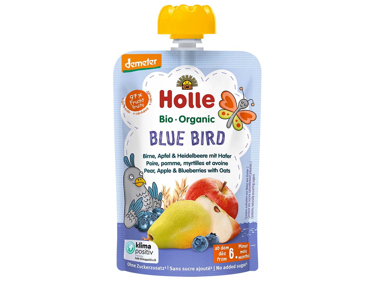 Holle Quetschie Bio-Fruchtmus "Birne, Apfel, Heidelbeer, Hafer", Blue Bird, 100 g