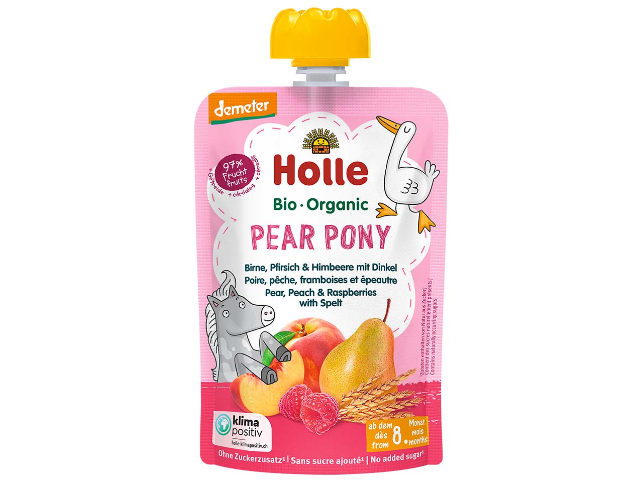Holle Quetschie Bio-Fruchtmus "Birne, Pfirsich, Himbeer, Dinkel", Pear Pony, ab 8. M., 100