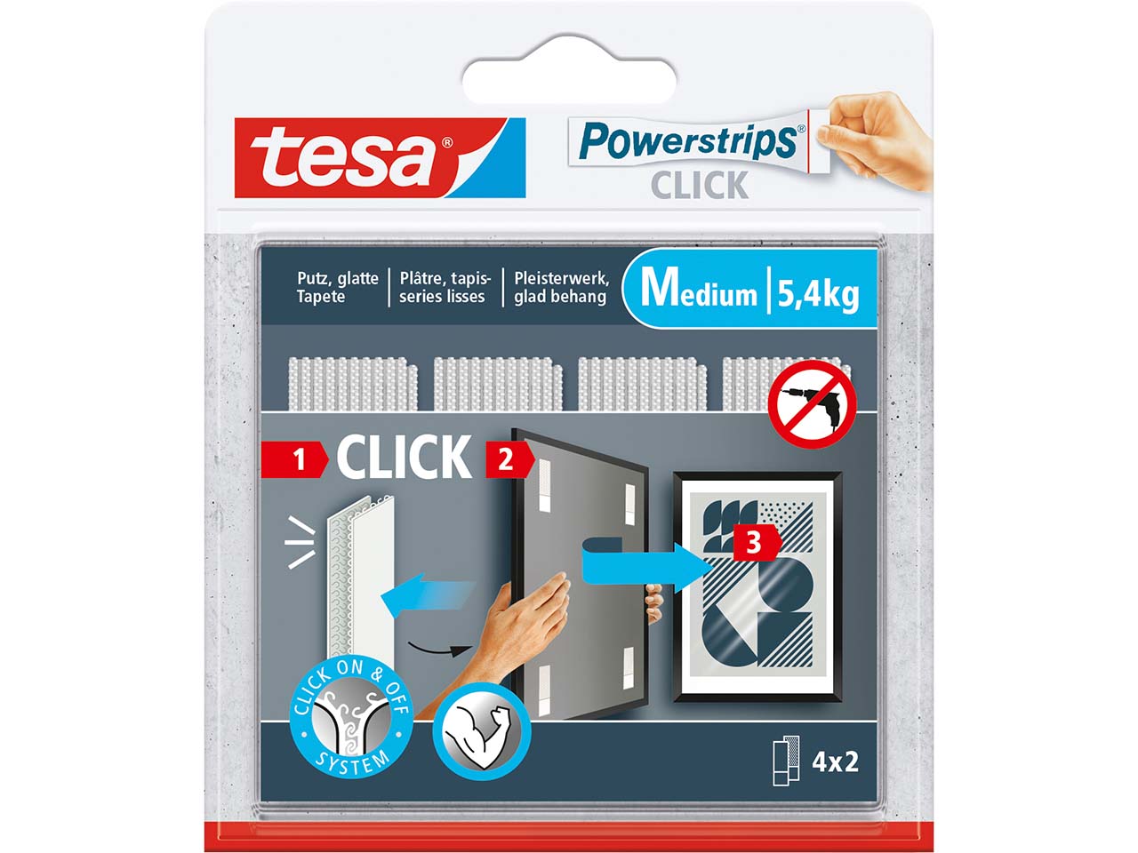 tesa Selbstklebendes Klettband "Powerstrips CLICK" medium, bis 5,4 kg, 4er-Pack