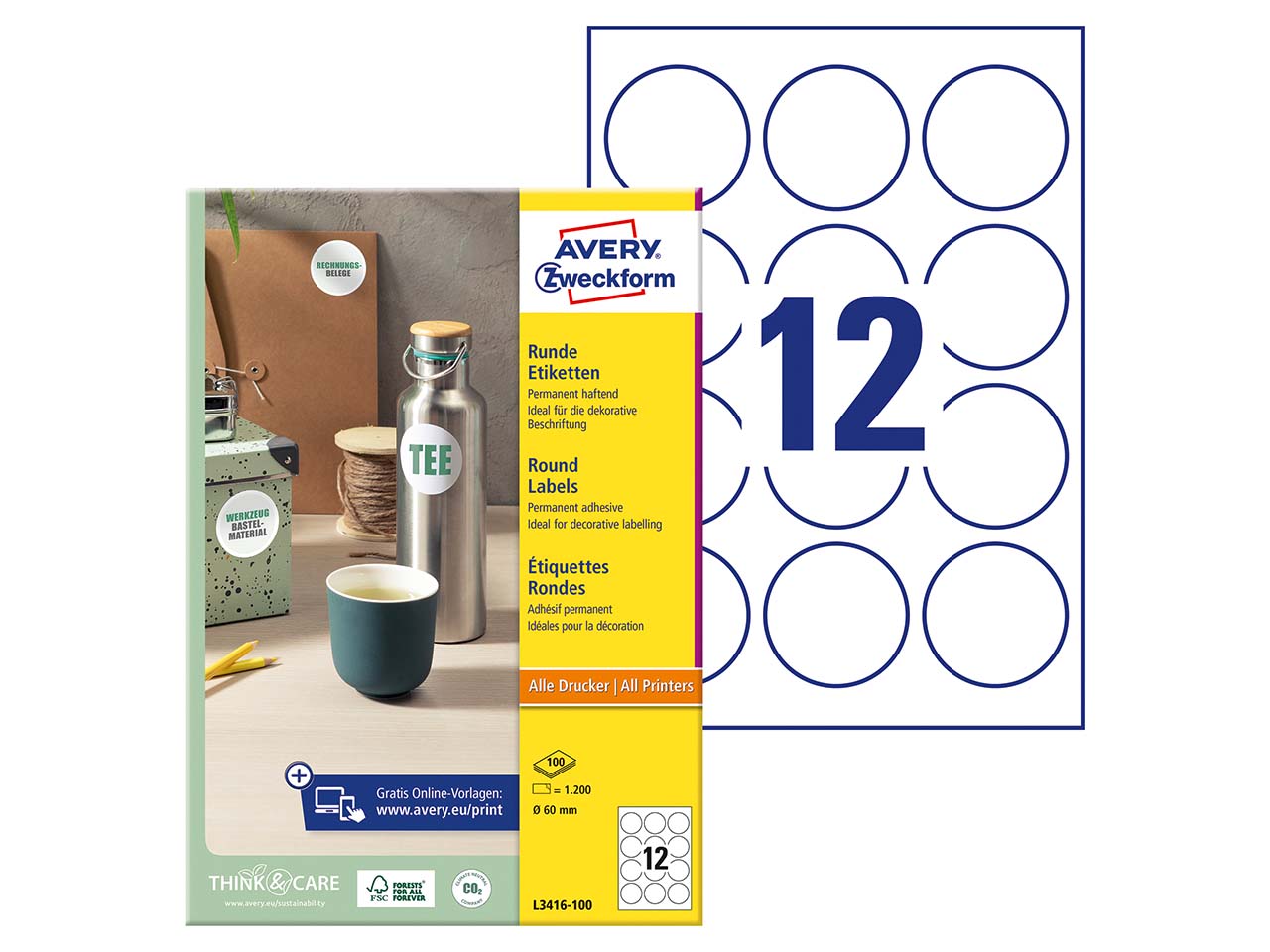 1.200 Zweckform Etiketten rund 60 mm, A4