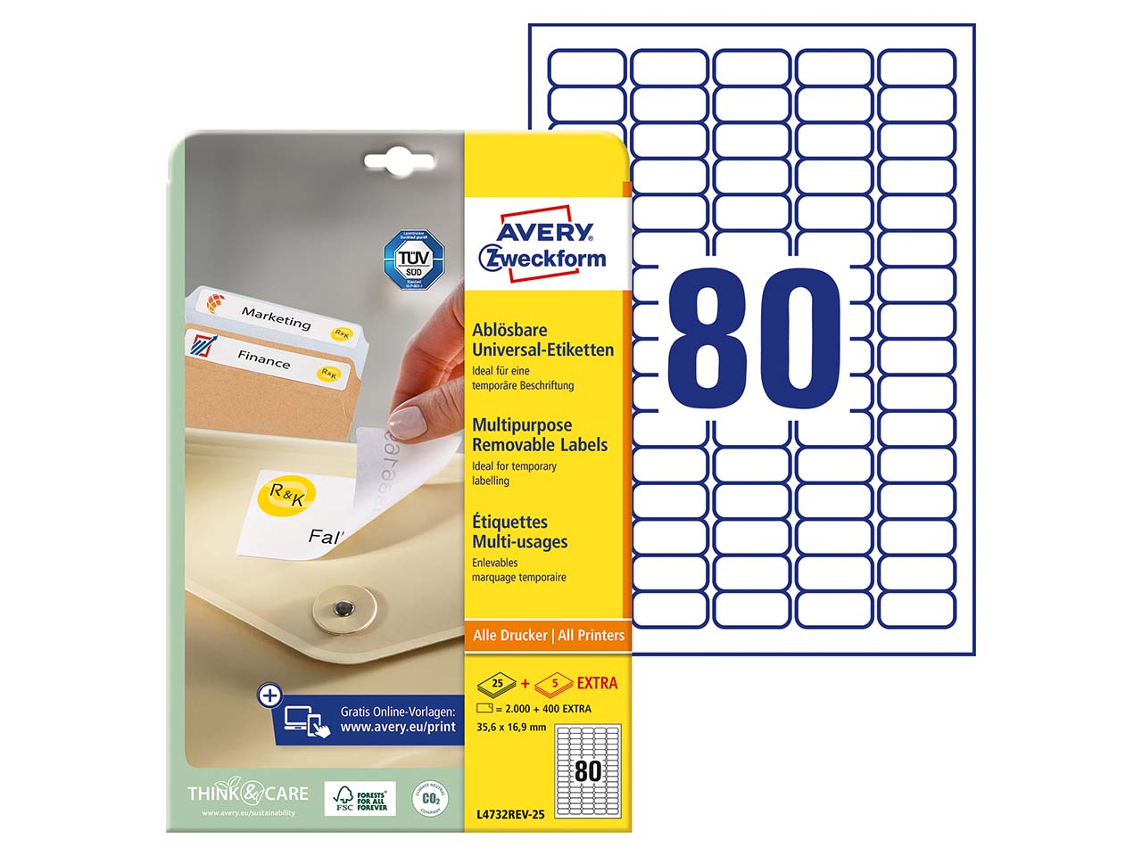 2.000 Stick+Lift Etiketten 35,6 x 16,9 mm, A4, FSC-zertifiziert