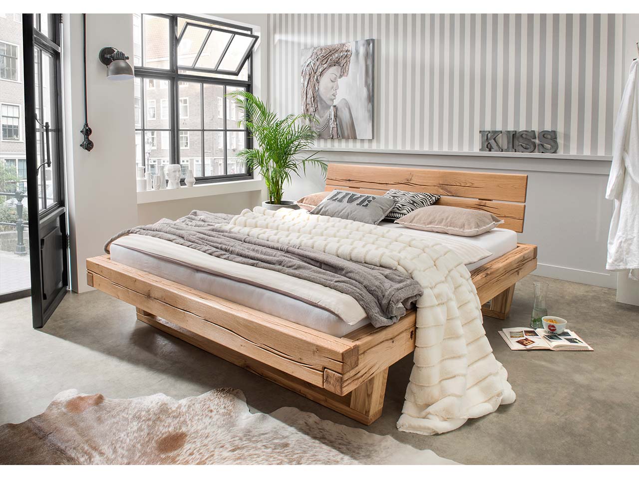 Cinall Massivholzbett 'Unika' inkl. Kopfteil, 140 x 200 x 88 cm, Wildeiche geölt