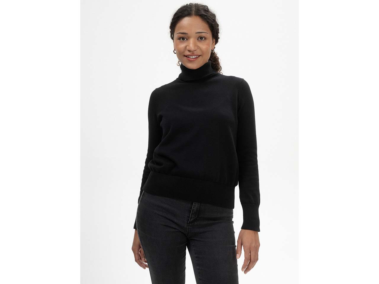 MELA Bio-Damen-Rollkragenpullover 'MAYURA' aus Feinstrick, schwarz, Gr. M