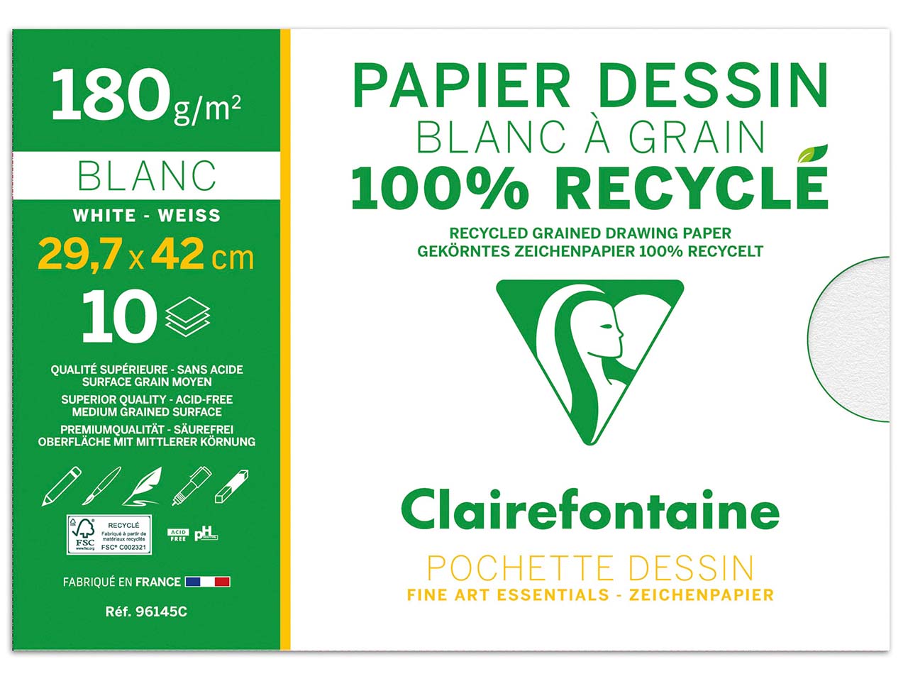 Clairfontaine "Dessin à grain Recycle" - Mappe mit Zeichenpapier, DIN A3, 10 Blatt