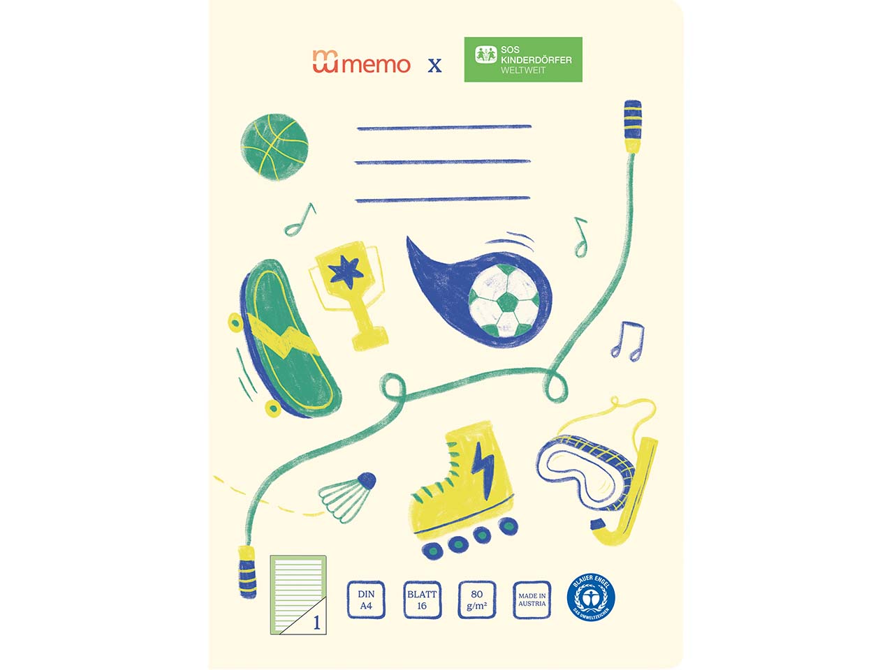 memo x SOS-Kinderdörfer weltweit Schulheft DIN A4, 16 Blatt, Lin. 1, Kontrastlineatur