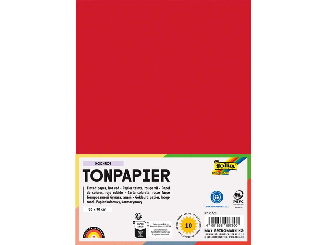 folia Tonpapier, 130 g/m², 50 x 70 cm, 10 Bogen, hochrot