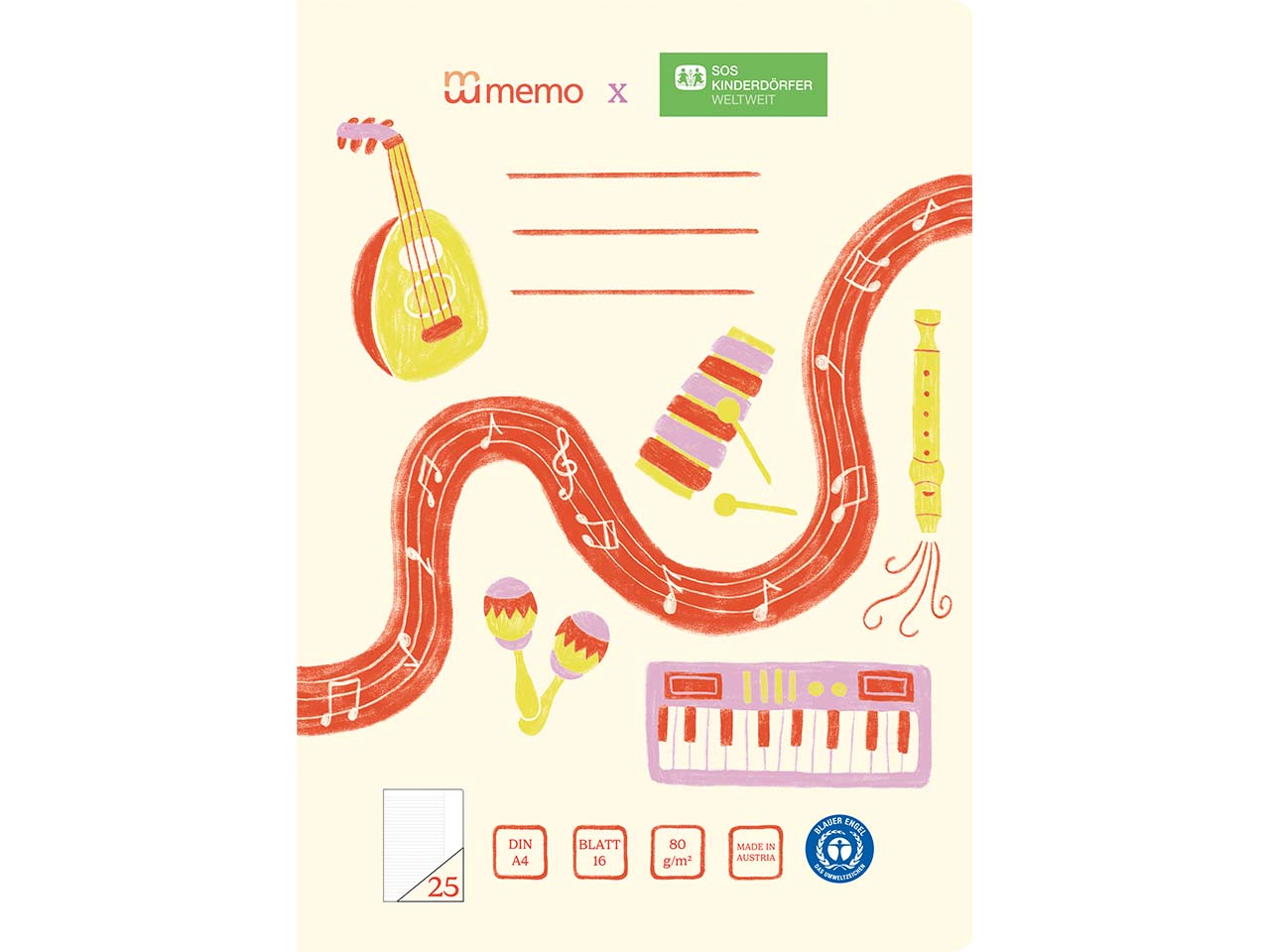 memo x SOS-Kinderdörfer weltweit Schulheft DIN A4, 16 Blatt, Lin. 25