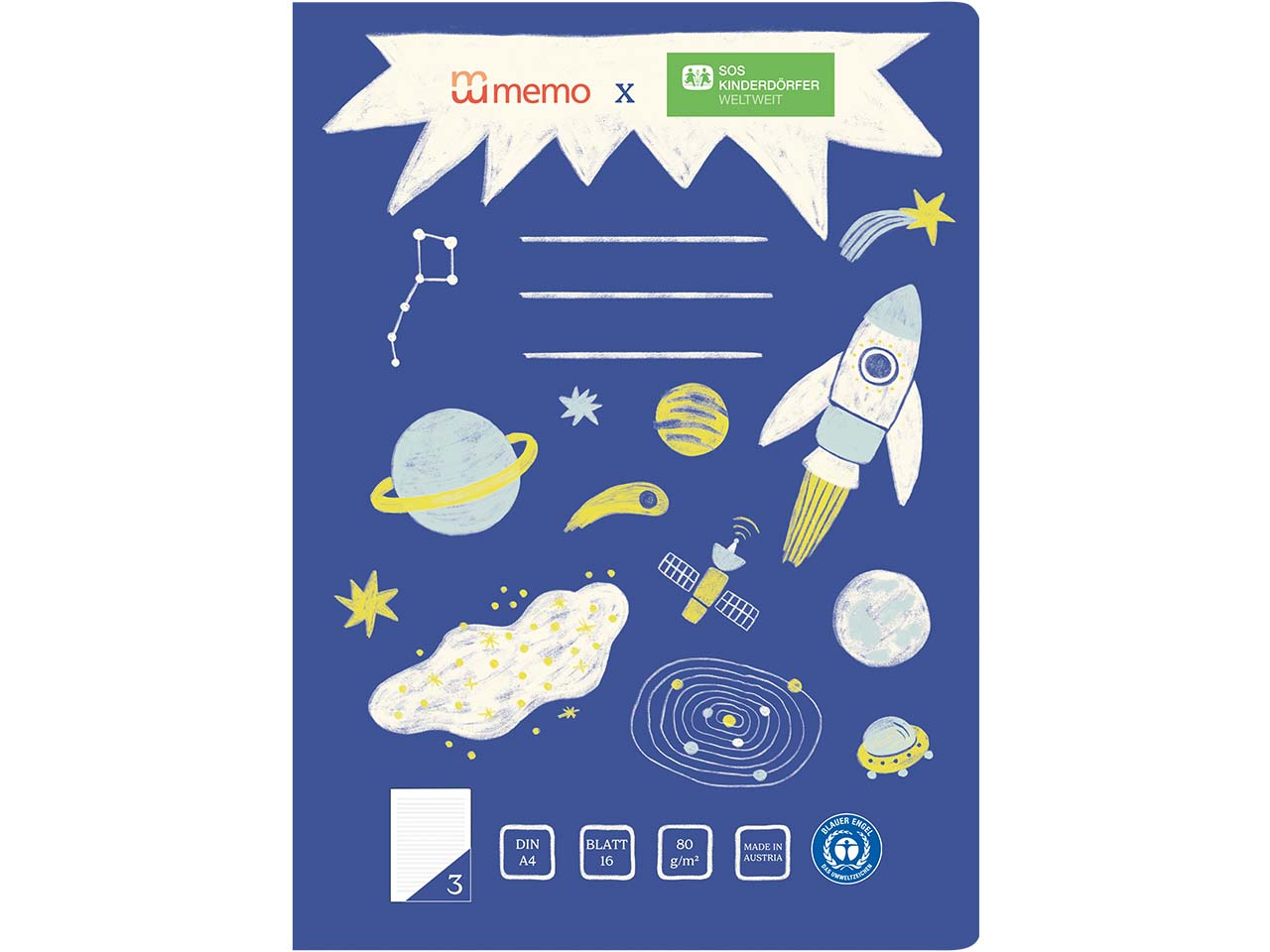 memo x SOS-Kinderdörfer weltweit Schulheft DIN A4, 16 Blatt, Lin. 3