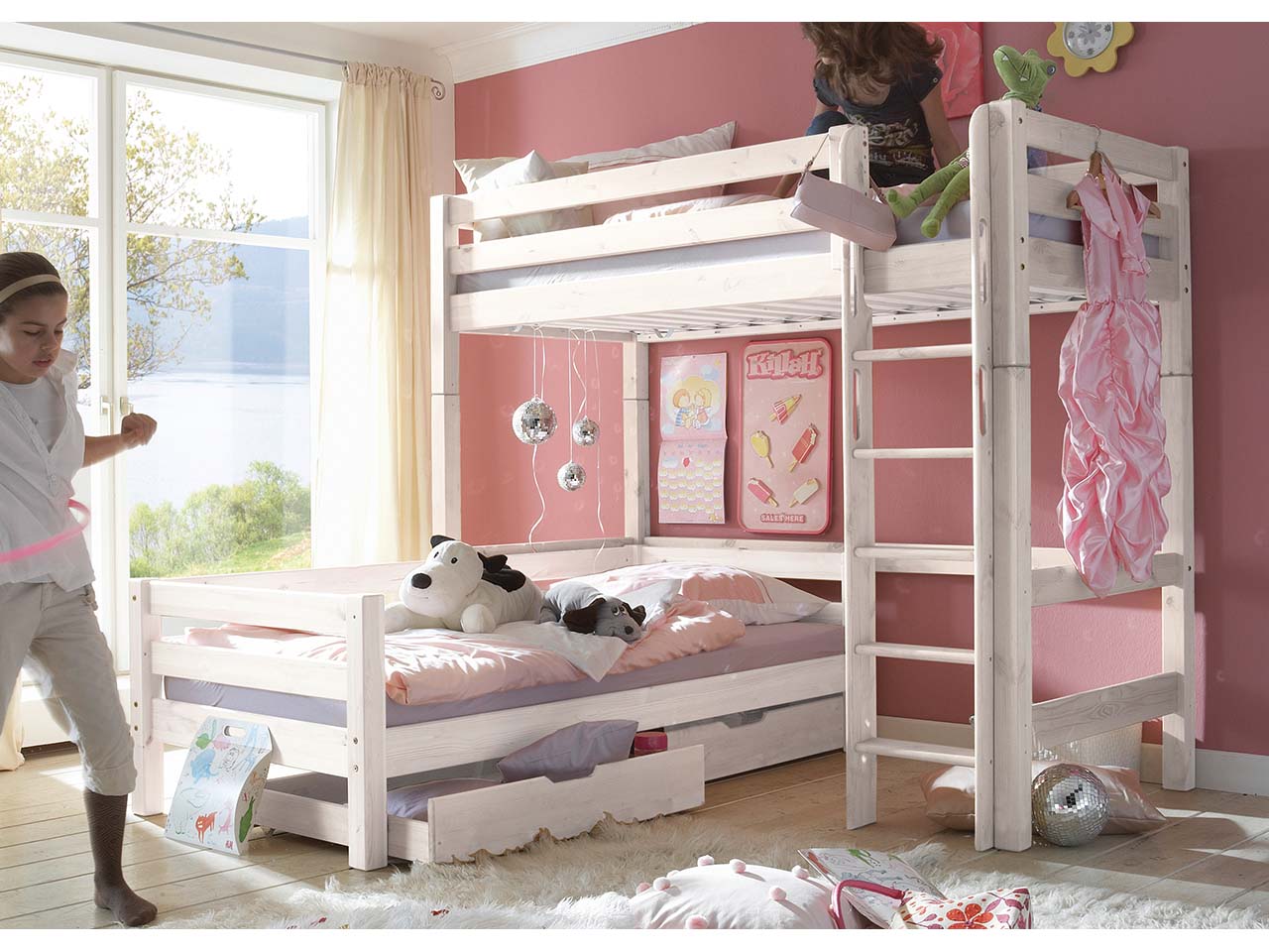 Hochbett "Infanskids" 2 Betten, 90x200 cm, Leiter gerade, Kiefer weiß