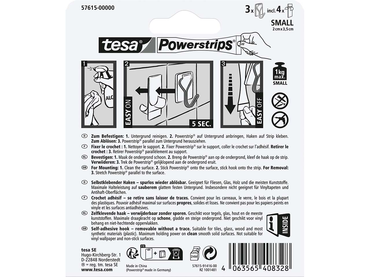 tesa Selbstklebende Draht-Wandhaken "Powerstrips" bis 1 kg, weiß, 3er-Pack