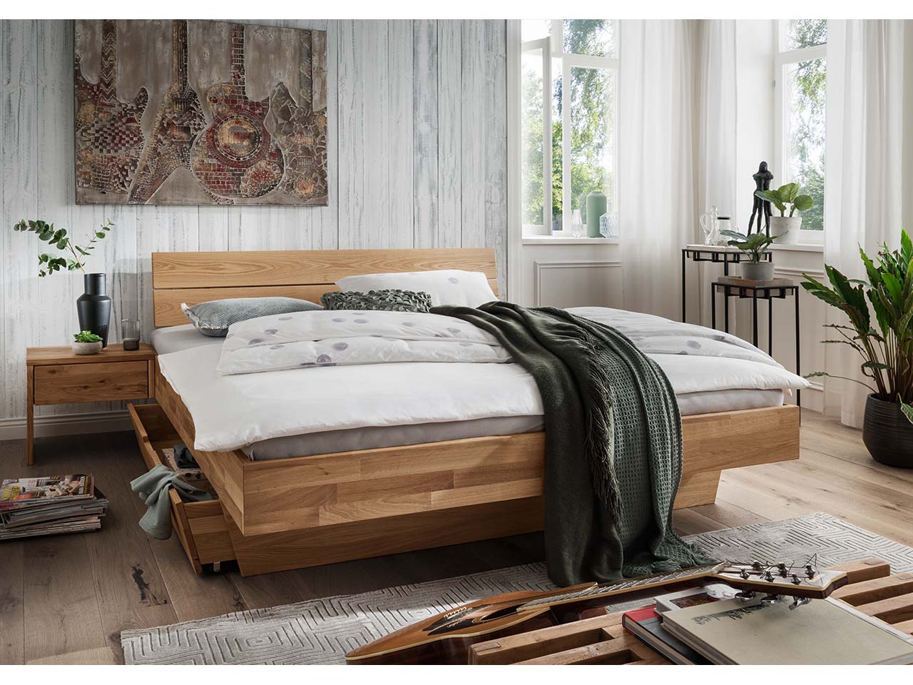 Forestales Schwebe-Massivholzbett 'Astoria' 180 x 200 cm, mit Kopfteil IV, Eiche