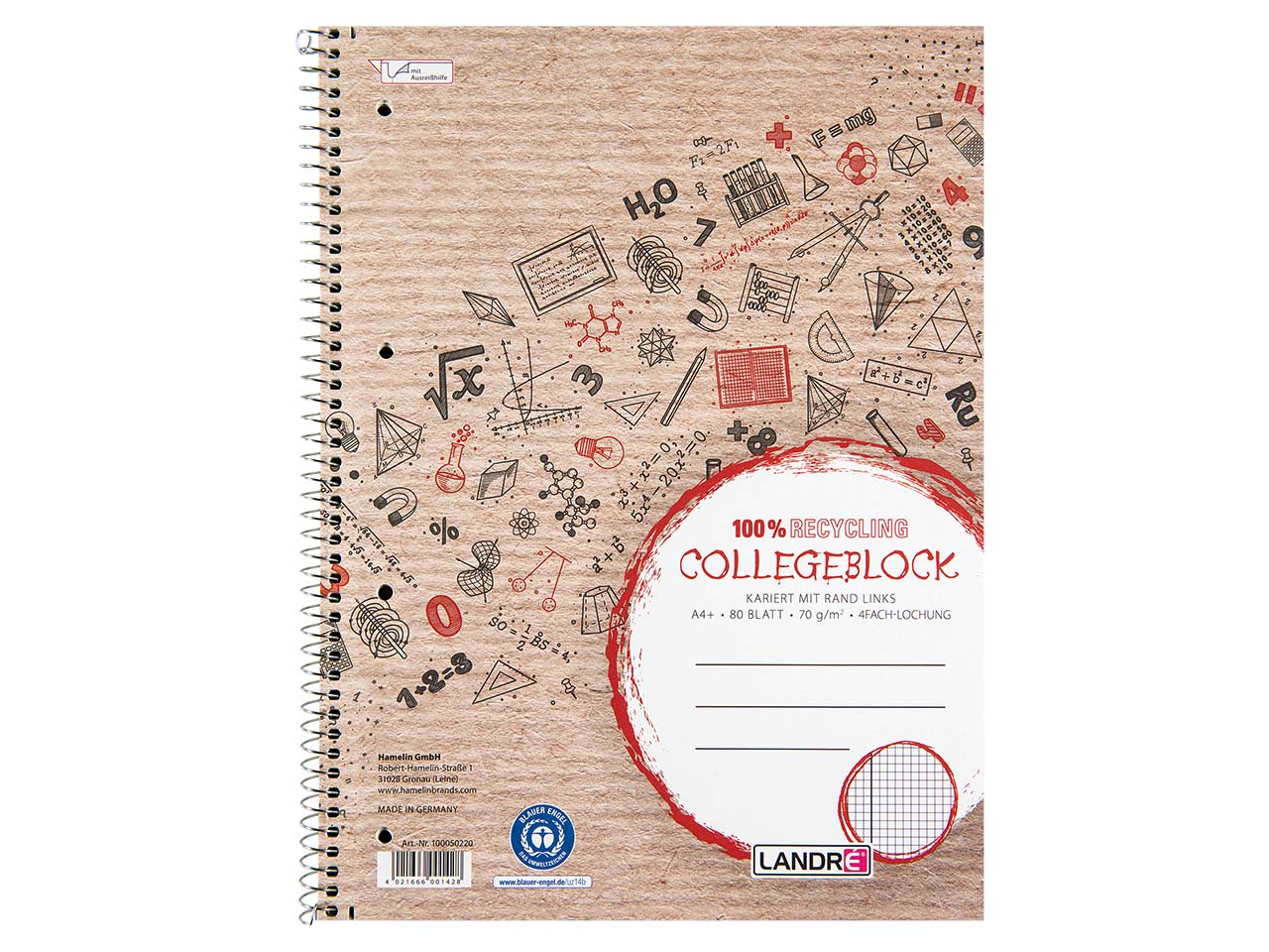 LANDRÉ Recycling-Collegeblock mit Rand links, DIN A4, kariert, 80 Blatt