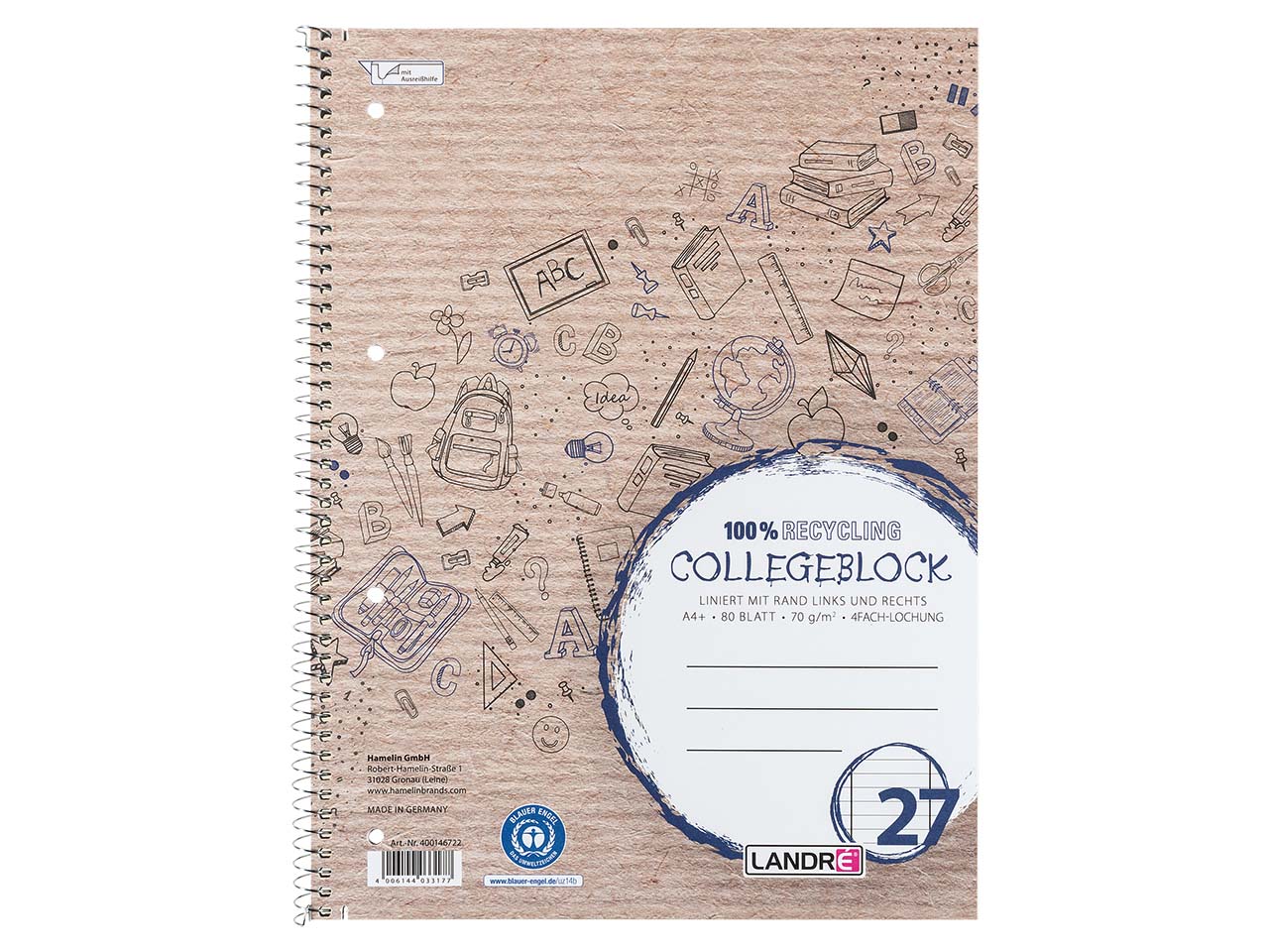 LANDRÉ Collegeblock mit Rand links und rechts, DIN A4, Lineatur 27, liniert, 80 Blatt