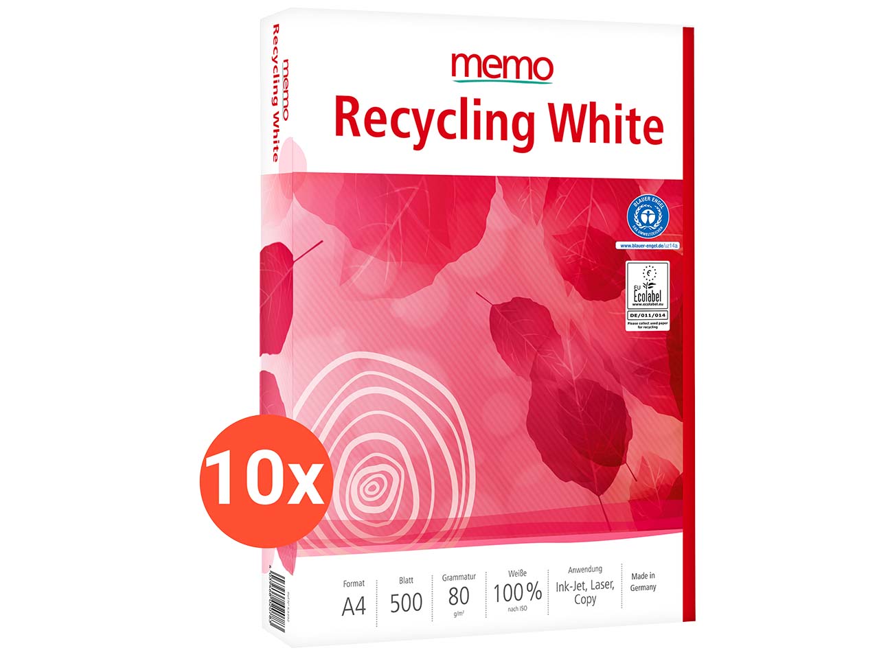 10 x 500 Blatt memo Multifunktionales Kopierpapier "Recycling White" DIN A4, 80 g/m²