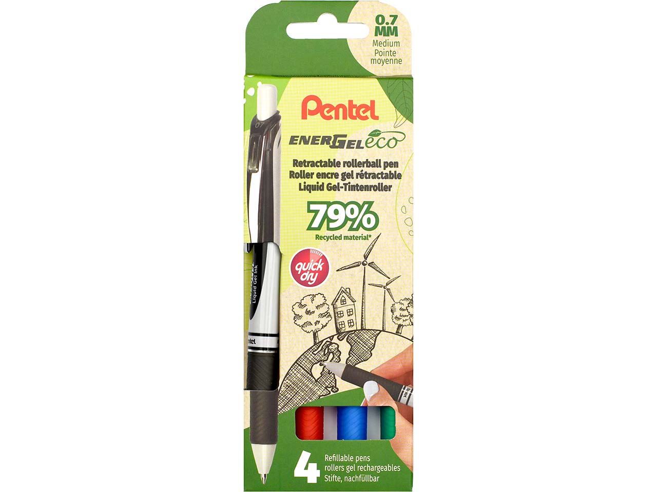 Pentel Gelwriter 'EnerGel Eco' 4er-Set, BL77E/0,35 mm mit Druckmechanik