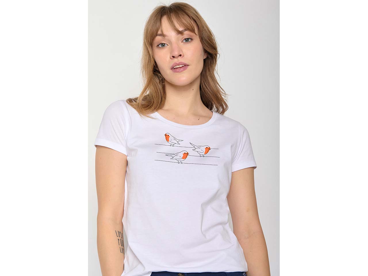 GREENBOMB Bio-Damen-T-Shirt "Birds Pole" mit Rundhalsausschnitt, white, Gr. S