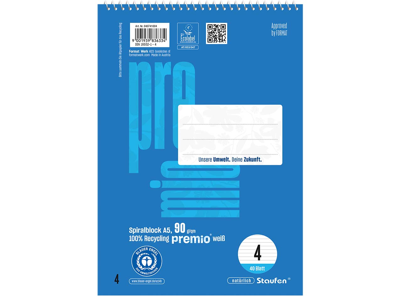 Staufen "Premio" Spiralblock DIN A5 liniert ohne Rand, 40 Blatt, 90 g/m², Lineatur 4