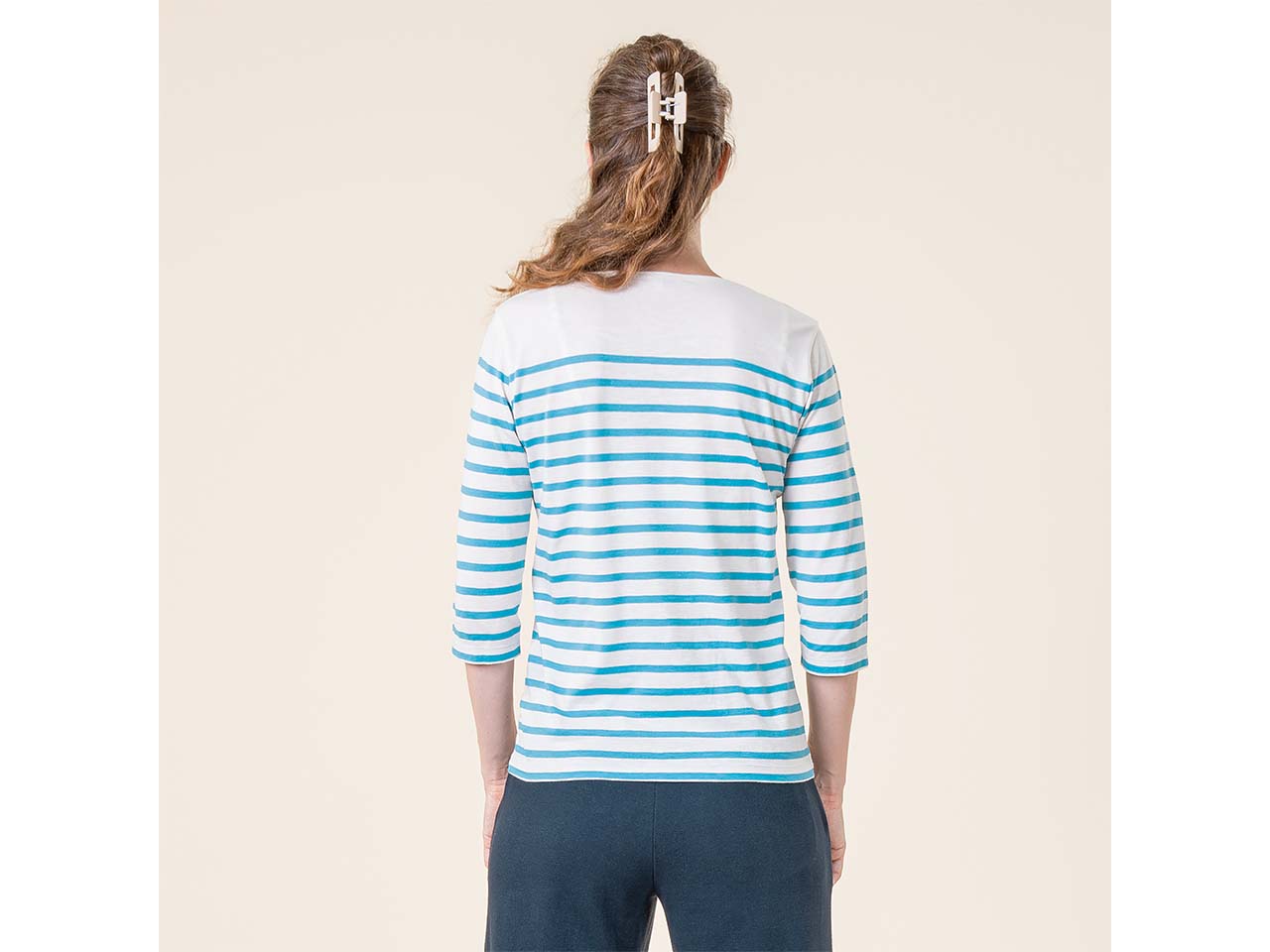 Living Crafts Bio-Damen-Shirt "TUANA" mit 3/4-Ärmel, white/lazy blue, Gr. S