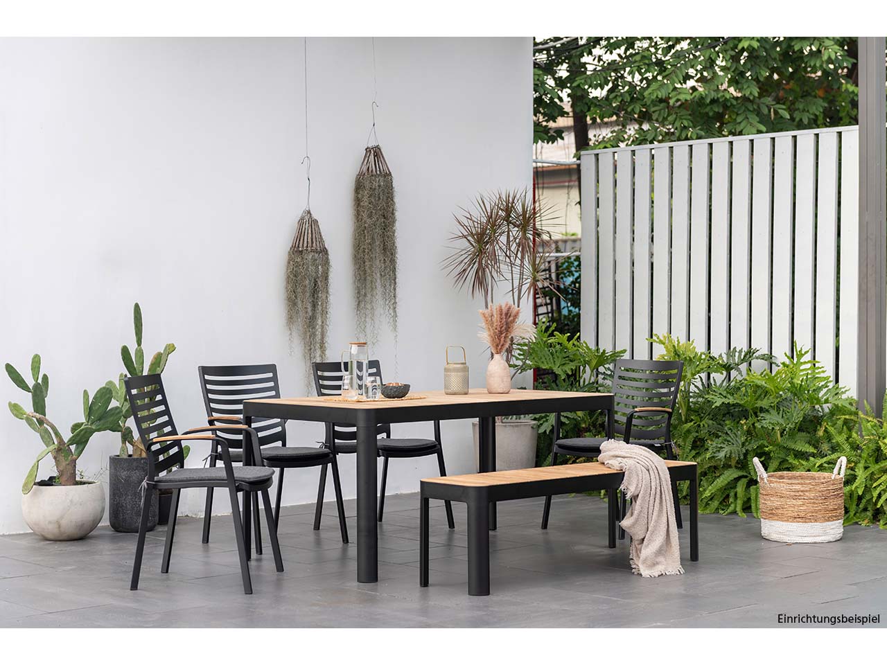 Gartenmöbel-Set "Portals" 4 Stühle, 1 Bank 143, 1 Tisch 161 x 95, schwarz