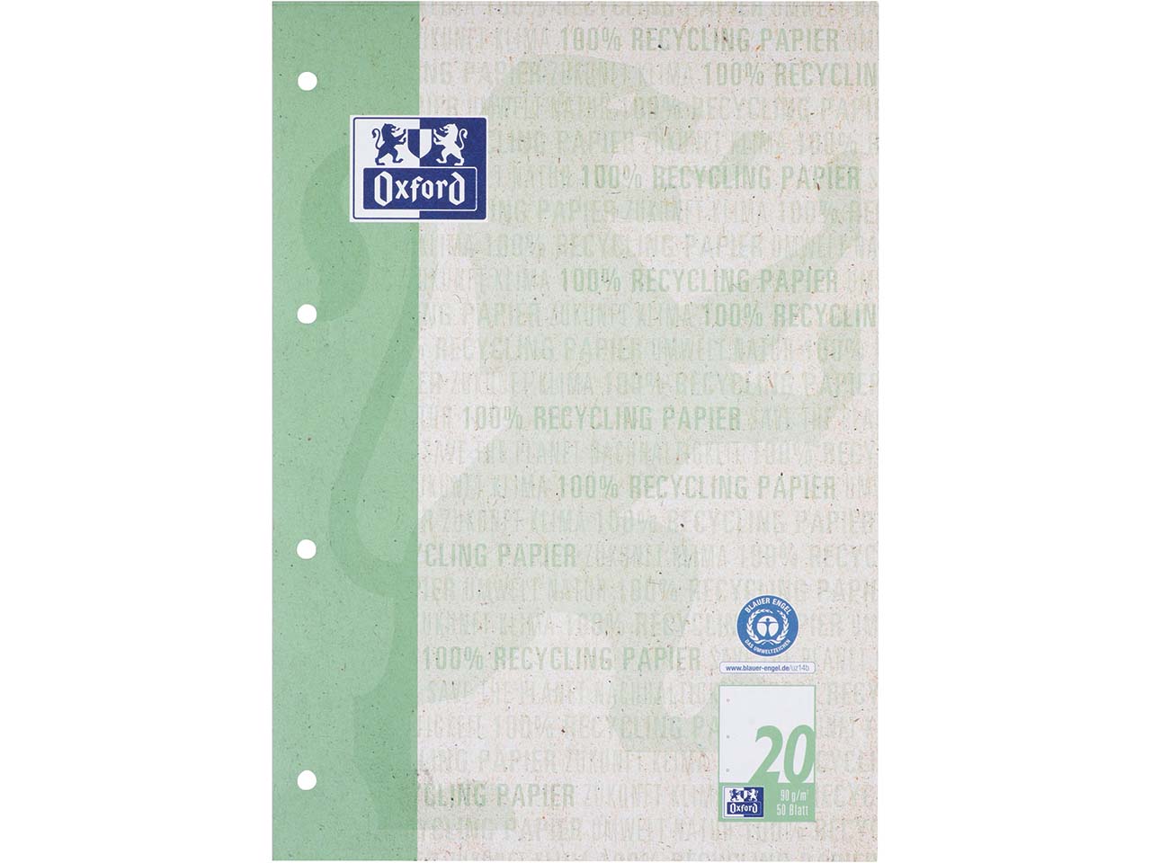 OXFORD Recycling-Schulblock A4, kopfgeleimt, 50 Blatt, Lineatur 20