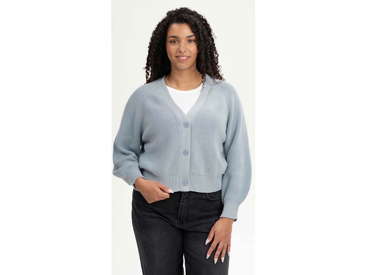 MELA Bio-Damen-Rippstrick-Cardigan 'BHUMA' mit Raglan-Ärmel, cloudy blue, Gr. M