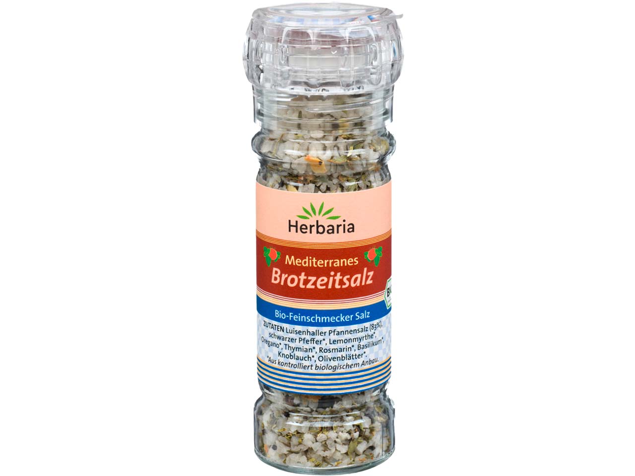 Herbaria Bio-Gewürzsalz "Mediterranes Brotzeitsalz" in Glasmühle, 80 g