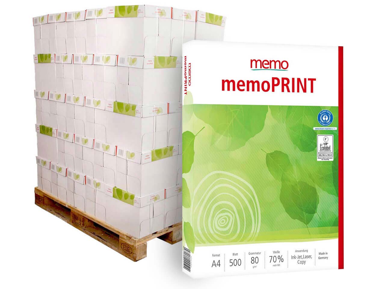 100.000 Blatt Recycling-Kopierpapier 'memoPRINT' DIN A4, 80 g/m² (ganze Palette)