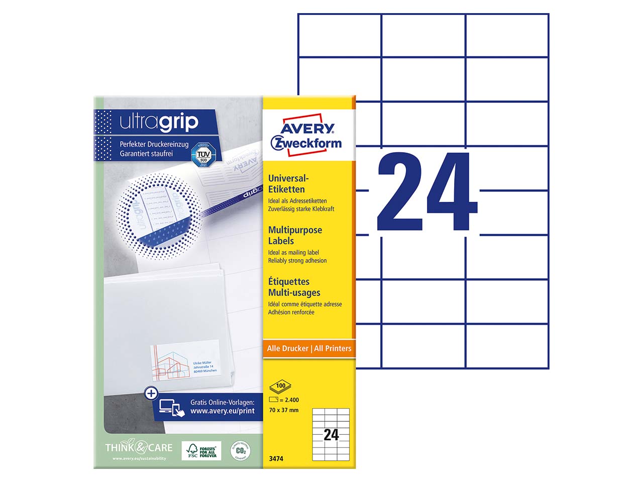 2.400 Zweckform Etiketten 70 x 37 mm, A4