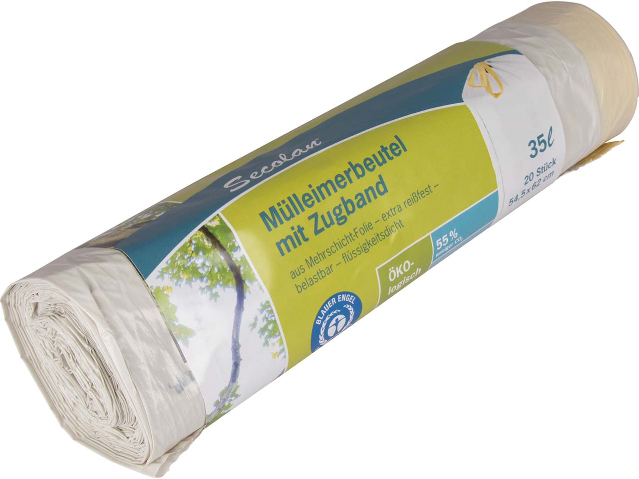 Secolan Mülleimerbeutel mit Zugband 35 Liter, 20 Stück, 28 µ, weiß