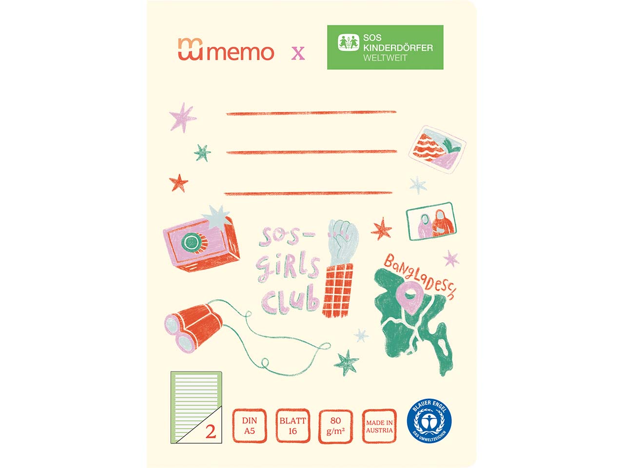memo x SOS-Kinderdörfer weltweit Schulheft DIN A5, 16 Blatt, Lin. 2, Kontrastlineatur