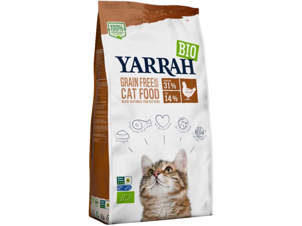 YARRAH Bio-Katzen-Trockenfutter auch für Kitten, Huhn, getreidefrei, 800 g