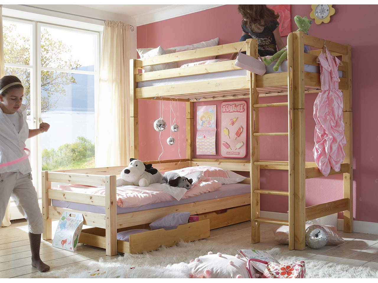 Hochbett "Infanskids" 2 Betten, 90x200 cm, Leiter gerade, Kiefer lackiert