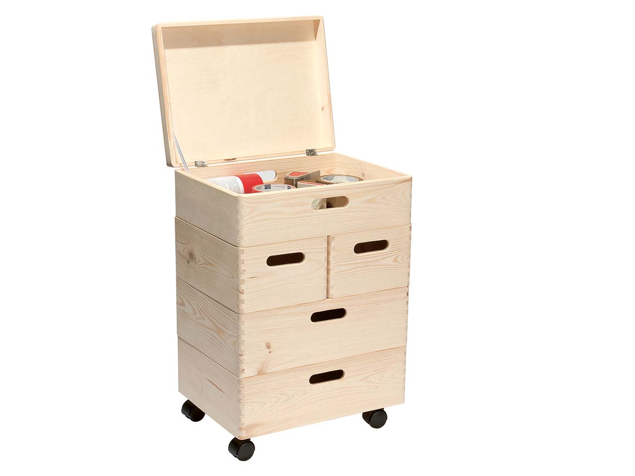 StapelBoxen-Set mit Deckel und Rollen "Vent", massive Kiefer