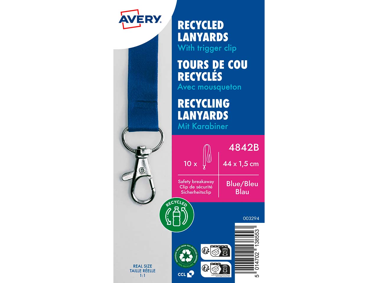 Avery Zweckform 10 Lanyards aus Recyclingkunststoff 440 x 15 mm, blau