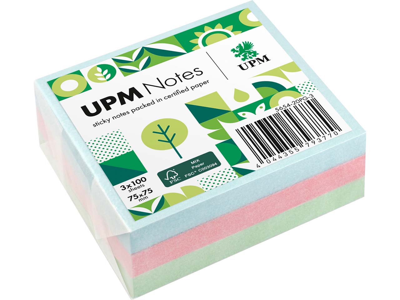 UPM Super Sticky Haftnotizen "Pastellmix" 75 x 75 mm, 3 Blöcke, farbig sortiert