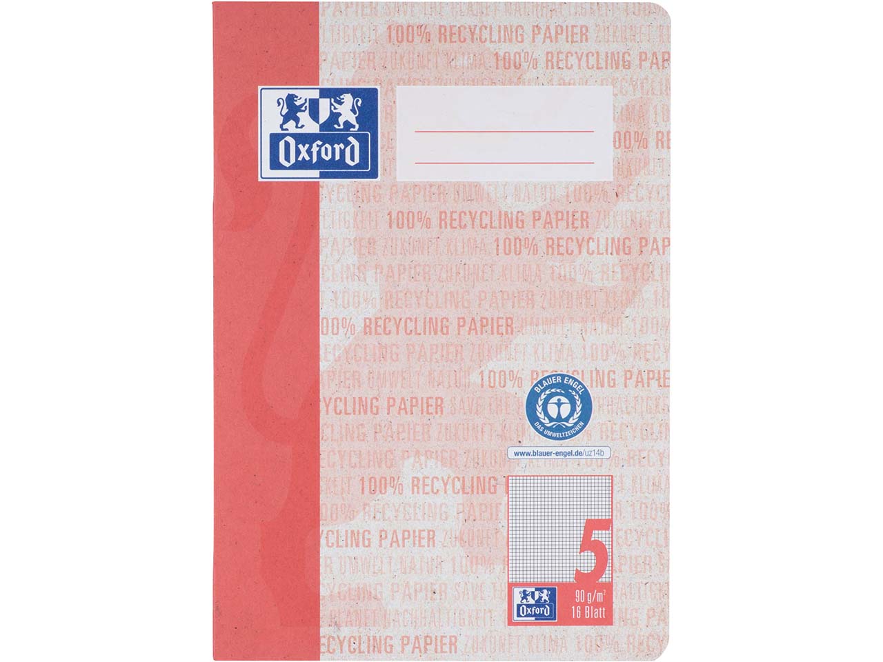 OXFORD Recycling-Schulheft DIN A5, 16 Blatt, Lineatur 5 (kariert 5 mm), 90 g/m²