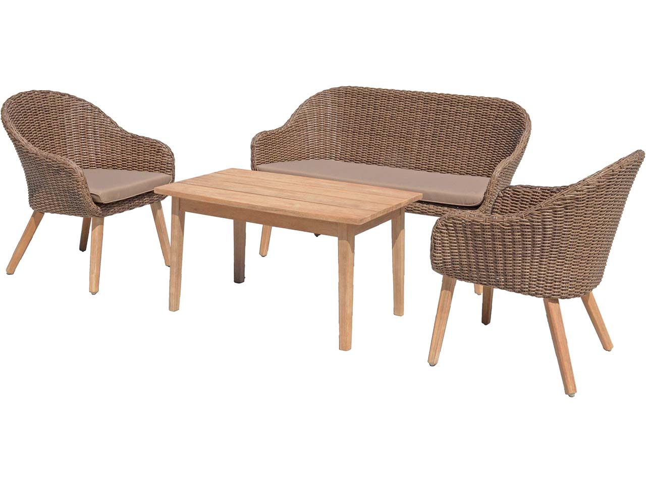 Gartenlounge-Set "PUEBLO" 4-tlg. 1 Tisch Akazie, 2 Sessel, 1 Bank Kunststoffgeflecht grau