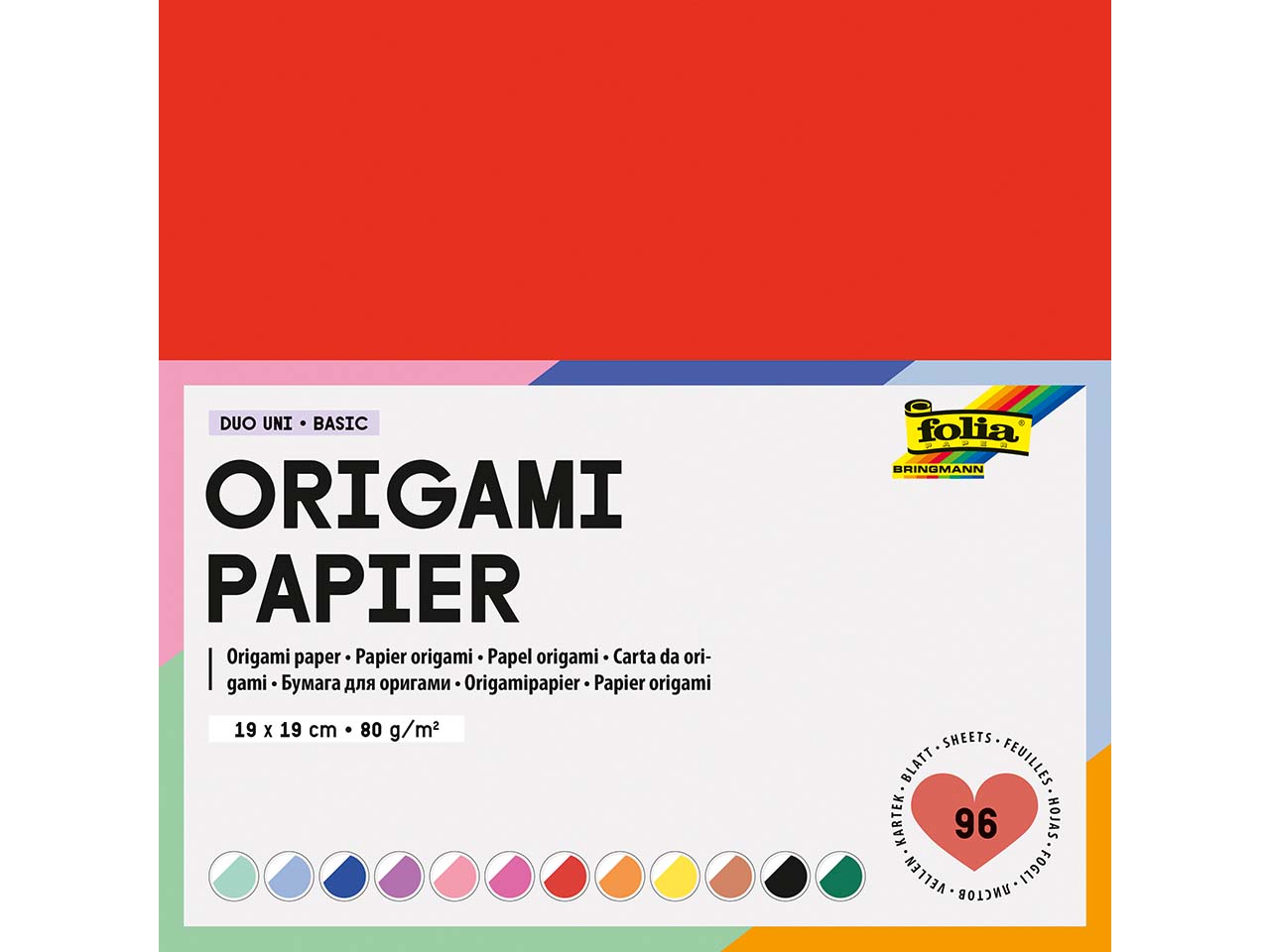 folia Faltblätter Origami Papier "Duo Uni" 80g/m², 19×19 cm, 96 Blatt, farbig sortiert