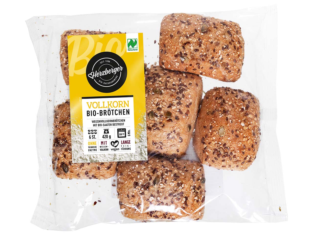 Herzberger Bio-Vollkornbrötchen, zum Aufbacken, 6er-Pack, 420 g