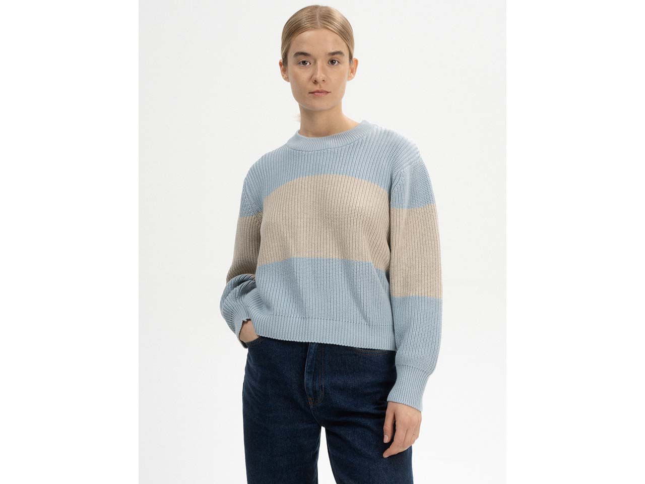 MELA Bio-Damen-Strickpullover "ADAH" mit Rundhalsausschnitt, cloudy blue/kiesel, Gr. L