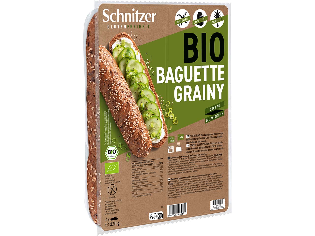 Schnitzer Bio-Baguette "Grainy" zum Aufbacken, 2er-Pack, glutenfrei, 320 g