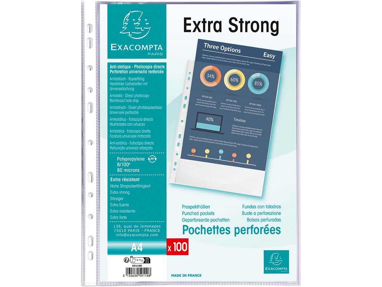 Exacompta Prospekthüllen genarbt, DIN A4, 80µ, 100 Stk.