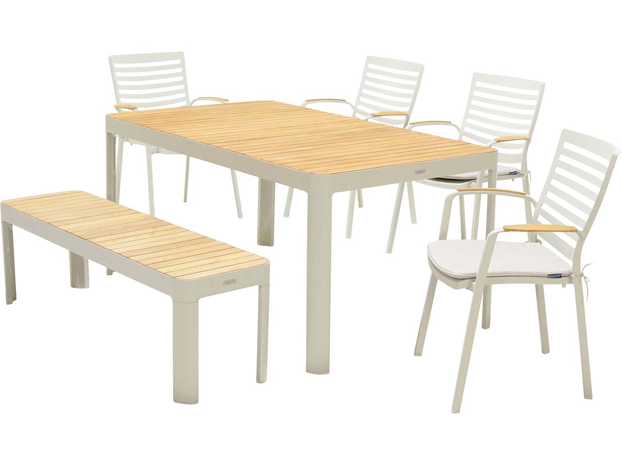 Gartenmöbel-Set "Portals" 4 Stühle, 1 Bank 143, 1 Tisch 161 x 95, ecru