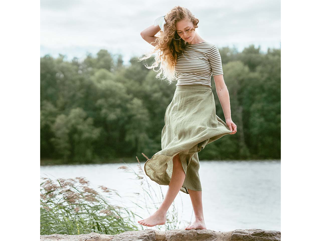Living Crafts Damen-Midi-Rock 'TOBIANA' mit flexiblem Bund, sage, Gr. 36